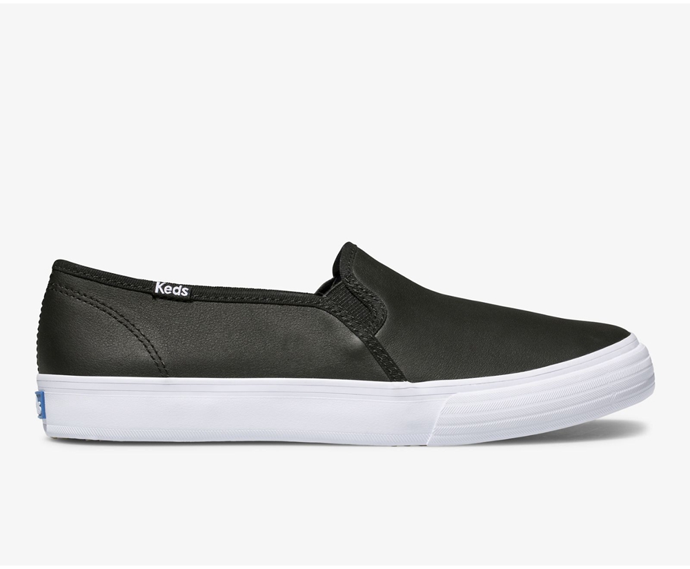 Slip Ons Keds Mujer Negras - Double Decker Cuero - 394-LTBEAR